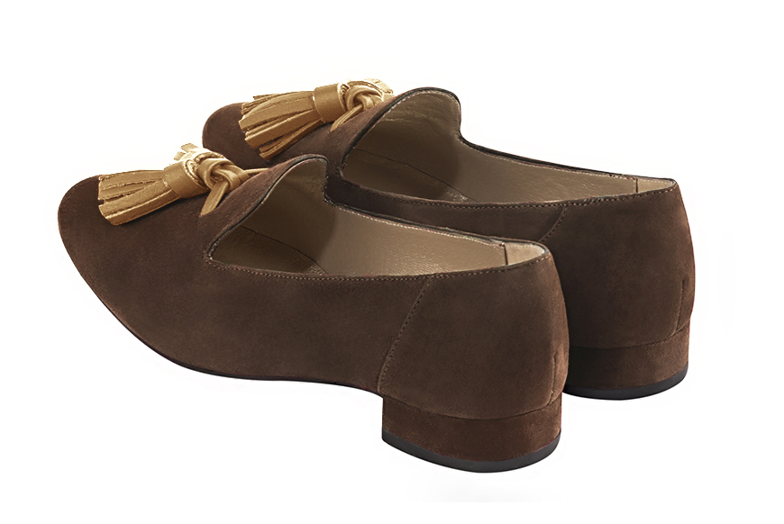 Chocolate brown and camel beige women's loafers with pompons. Round toe. Flat leather soles. Rear view - Florence KOOIJMAN
